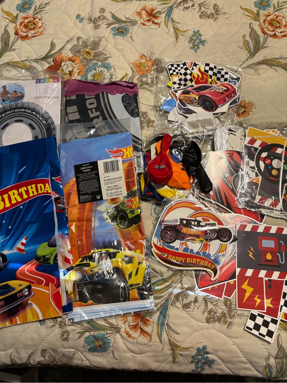Lot of Hot Wheels birthday decorations